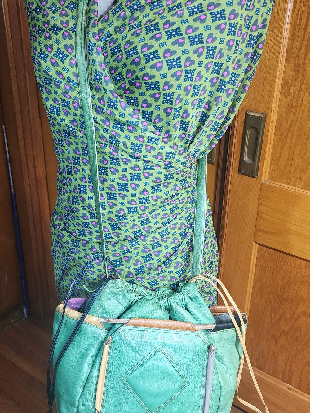 Sharif Green Leather Drawstring Bucket Bag with Multicolor Trim - Picture 2 of 5